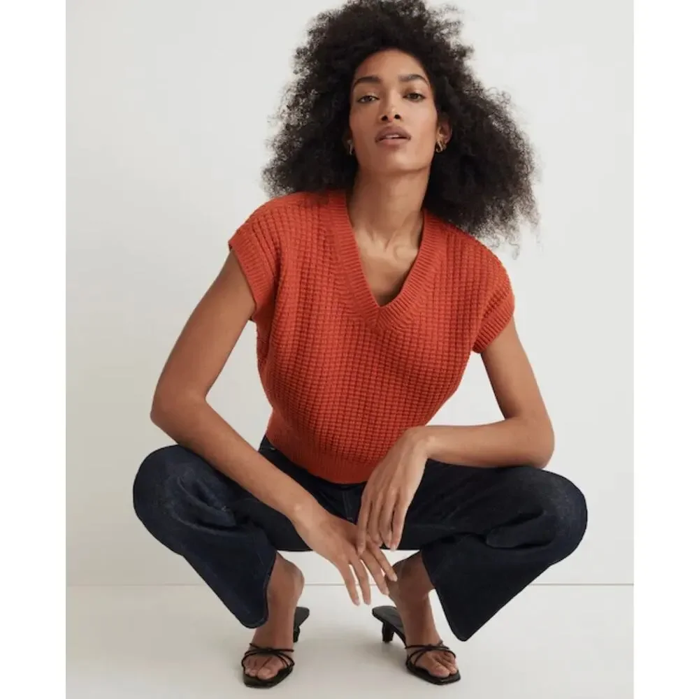 Madewell Waffle-Knit Sweater Vest Cotton Crop Preppy Academia Colorful - Small